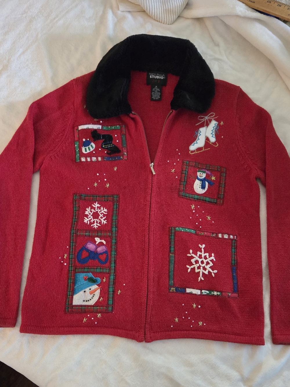 STUDIO Red Holiday Zip-Up Teddy Collar Jacket